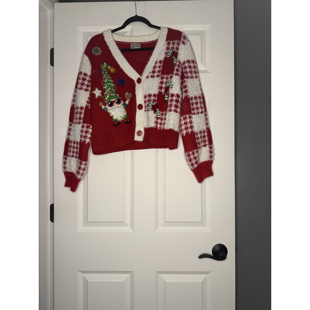 Major Label Holiday Cardigan Sweater Xl Red White W Multi Embroidery
